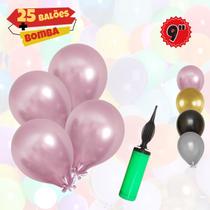 Kit, Balão Bexiga Metalizado + Bomba Para Inflar Balão, Balão Látex Bexiga 9 Polegadas C/25Unds, Bomba Para Encher Balão