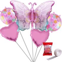 Kit Balão Borboleta Metalizada 79x52cm+2 Balão Jardins 45cm +2 Estrelas Ou Coração Metalizadas - Festa Decoração Jardim