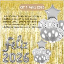 KIT Balão Feliz 2026 com 21 bexigas 2 cortinas Prata e Ouro Cor:2026 Prata