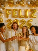 Kit Balão Feliz 2026 Dourado 40cm Festa Ano Novo Decoração