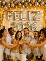 Kit Balão Feliz 2026 Prata 40cm Festa Ano Novo Decoração