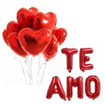 Kit Balão Letra Te Amo + 5 Corações 22 cm Vermelho para Dia Dos Namorados, Casamento, Declaração
