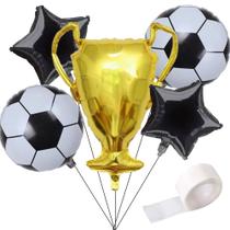 Kit Balão Metalizado Bola De Futebol + Balão Troféu + Balão Estrelas Metalizadas - Decoração Temática Futebol
