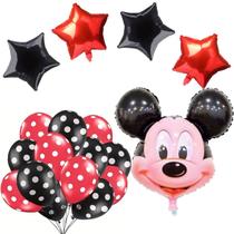 Kit Balão Metalizado Cabeça De Mickey + Balões Bexiga Látex Bolinhas + Tira Suporte Para Arco e 4 Estelas Metalizadas