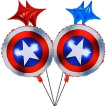Kit Balão Metalizado Capitão América 45cm + 4 Estrelas 25cm Azul Vermelho Festa Super-Herói Infantil