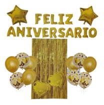 Kit Balão Metalizado Cortina E Bexigas Dourado Feliz Aniversario