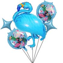 Kit Balão Metalizado Flamingo Azul + Balão Estampado Redondo + 2 Estrelas 4 Pontas Azul - Decoração Tropical