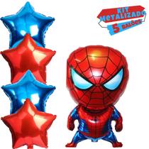 Kit Balão Metalizado Homem Aranha de 80Cm + 4 Balões Metalizados Estrela de 45 Cm - Kit Festa Homem Aranha - Kit 5 pçs Kit Balão Metalizado Homem Aranha de 80Cm + 4 Balões Metalizados Estrela de 45 Cm - Kit Festa Homem Aranha - Kit 5 pçs