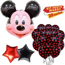 Kit Balão Metalizado Mickey + 25 Balões Bexiga Bolinhas + 2 Estelas Metalizadas - Kit Festa Mickey 28pçs Kit Balão Metalizado Mickey + 25 Balões Bexiga Bolinhas + 2 Estelas Metalizadas - Kit Festa Mickey 28pçs