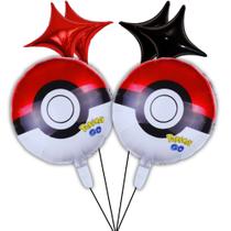 Kit Balão Metalizado Redondo Pokémon 45cm + 4 Estrelas 25cm Vermelho Preto Festa Infantil Tema Desenho Pikachu