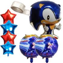 Kit Balão Metalizado Sonic 3D 68 cm + 2 Balões Redondos 45cm + 4 Balões Estrelas Metalizadas 45 cm Azul e Vermelho