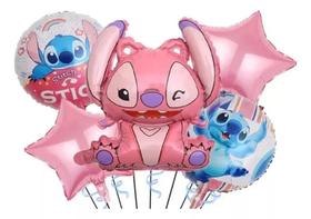 Kit Balão Metalizado Stitch Rosa com 5 peças