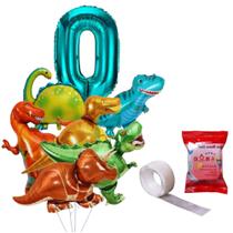 Kit Balão Número Metalizado Azul Turquesa + 6 Mini Balões Dinossauros 31cm Metalizados, Decoração Festa De Aniversário
