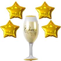 Kit Balão Taça Champanhe Cheers 100 cm + 4 Estrelas Metalizadas Dourado 45 cm - Kit Festa Boteco Kit Balão Taça Champanhe Cheers 100 cm + 4 Estrelas Metalizadas Dourado 45 cm - Kit Festa Boteco