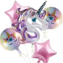 Kit Balão Unicórnio Gigante 1 metro + Balão Redondo Unicórnio De 45cm+ Balão Estrelas 45cm 5 Balão Unicórnio Metalizado