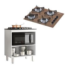 Kit Balcão Cooktop Zanzini Master Branco sem Porta e Fogão Cooktop 4 Bocas Amadeirado Chamalux