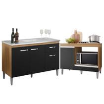 Kit Balcão de Pia 3 Portas Gabriela 120cm com Balcão Cooktop Carla Amendoa/Preto Sem Tampo AJL Móveis