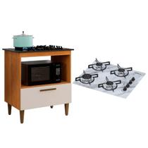 Kit Balcão para Cooktop Cozinha Kaiki Eliz com Fogão Cooktop 4 Bocas Chamalux Ultra Chama Branco Mármore - KAIKI MÓVEIS