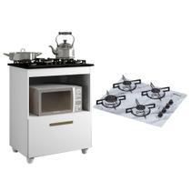 Kit Balcão para Cooktop Cozinha Kaiki Salvia com Fogão Cooktop 4 Bocas Ultrachama Branco Mármore Chamalux