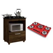 Kit Balcão para Cooktop Cozinha Kaiki Salvia com Fogão Cooktop 5 Bocas Tripla Chama Vermelho Chamalux