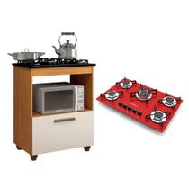 Kit Balcão para Cooktop Cozinha Kaiki Salvia com Fogão Cooktop 5 Bocas Tripla Chama Vermelho Chamalux