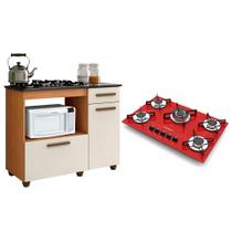 Kit Balcão para Cooktop Cozinha Kaiki Violeta com Fogão Cooktop 5 Bocas Tripla Chama Vermelho Chamalux