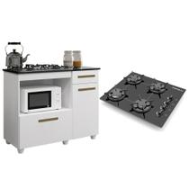 Kit Balcão para Cooktop Cozinha Kaiki Violeta com Fogão Cooktop Chef 4 Bocas Ultra Chama Chamalux Preto