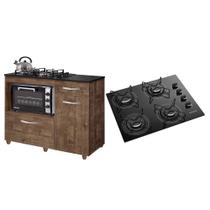 Kit Balcão Para Cooktop Cozinha Kaiki Violeta Ipê com Fogão Cooktop 4 Bocas Itatiaia Essencial Preto