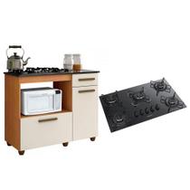 Kit Balcão Para Cooktop Cozinha Kaiki Violeta Nature/Off White com Fogão Cooktop 5 Bocas Itatiaia Essencial Preto