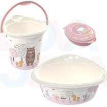 Kit Balde ,Bacia e Saboneteira Bichinhos Rosa - plasutil