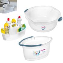 Kit Balde Cesto Oval 14 Litros Plástico Rodo Vassoura Bacia Limpeza Lavanderia Casa - Sanremo