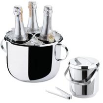 Kit Balde Champanheira com Divisoria para 3 Garrafas 6 L + Balde para Gelo Ice com Tampa 2,3 L em Aco Inox Forma