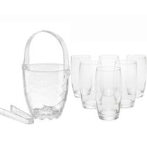 Kit Balde De Gelo Vidro Com Alça e Pinça + 6 Copos Oca 300ml