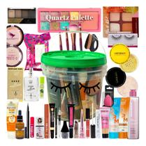 Kit Balde De Maquiagem Batom Paleta De Sombra Acessórios