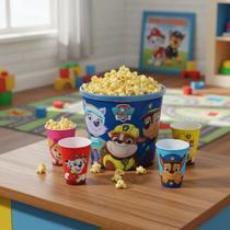Kit Balde de Pipoca Cinema 2,1L 4 Copos Sortidos Patrulha Canina Infantil Lembrança de Festa Aniversario
