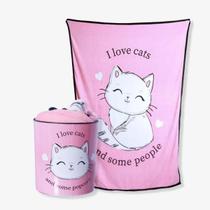 Kit Balde de Pipoca+Manta I Love Cats (Eu amo gatos) Rosa ZonaCriativa