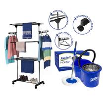 Kit Balde Mop Esfregao Giratório 360 8L Centrifuga com Varal de Chão Dobrável 3 Andares Fasterr