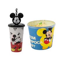 Kit Balde Pote de Pipoca Copo com Canudo 500 ml Mickey Cinema Plasútil