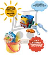 Kit Baldinho De Praia Infantil E Caminhão Interativo Com Acessórios Forminha Garfo E Pazinha 10 Peças Plasbrink