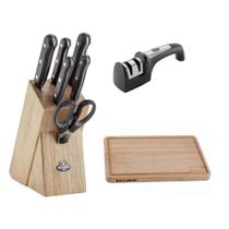 Kit ballarini bloco de facas 7 peças e afiador de 2 módulos e tábua para cortar em madeira média