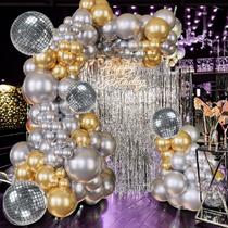 Kit Balloon Arch ECEAE 124 unidades em prata e ouro com bola de discoteca