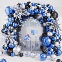Kit Balloon Arch Garland Deiiom azul prata preto 127 unidades