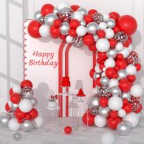 Kit Balloon Garland Arch Cunnikku Vermelho Branco Prata 122 unidades