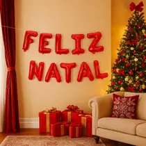 Kit Balões Balão Metalizado Vermelho De 37 Cm - Feliz Natal - 10 Letras Individuais Decoração Parede