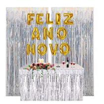 Kit Balões FELIZ ANO NOVO + 2 Cortinas + Saia ou Toalha de Mesa Dourado Prateado Festa Decoração