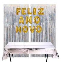 Kit Balões FELIZ ANO NOVO + 2 Cortinas + Saia ou Toalha de Mesa Dourado Prateado Festa Decoração