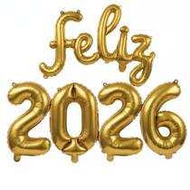 Kit Balões Metalizados Dourados Feliz 2026 Decoração de Ano Novo, Festas e Eventos