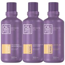 Kit Banana e Mel 1 Shampoo 1 Condicionador 1 Leave In 500ml Oriente Life