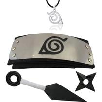 kit Bandana Naruto aldeia da folha, Kunai, Shuriken e Colar Ajustável símbolo da aldeia da folha