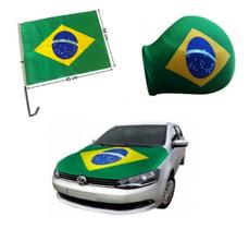 Kit Bandeira do Brasil Para Capo de Carro + Par Capa Retrovisor Externo + Bandeira com haste Vidro Lateral tecido